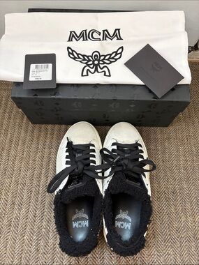 MCM Women’s Size 36 - US 5.5 White and Black Logo Sneakers with Plush Collar
